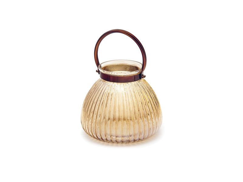 PORTA TEALIGHT VETRO C/MANICO METAL CM19X17 ANTIQUE GOLD