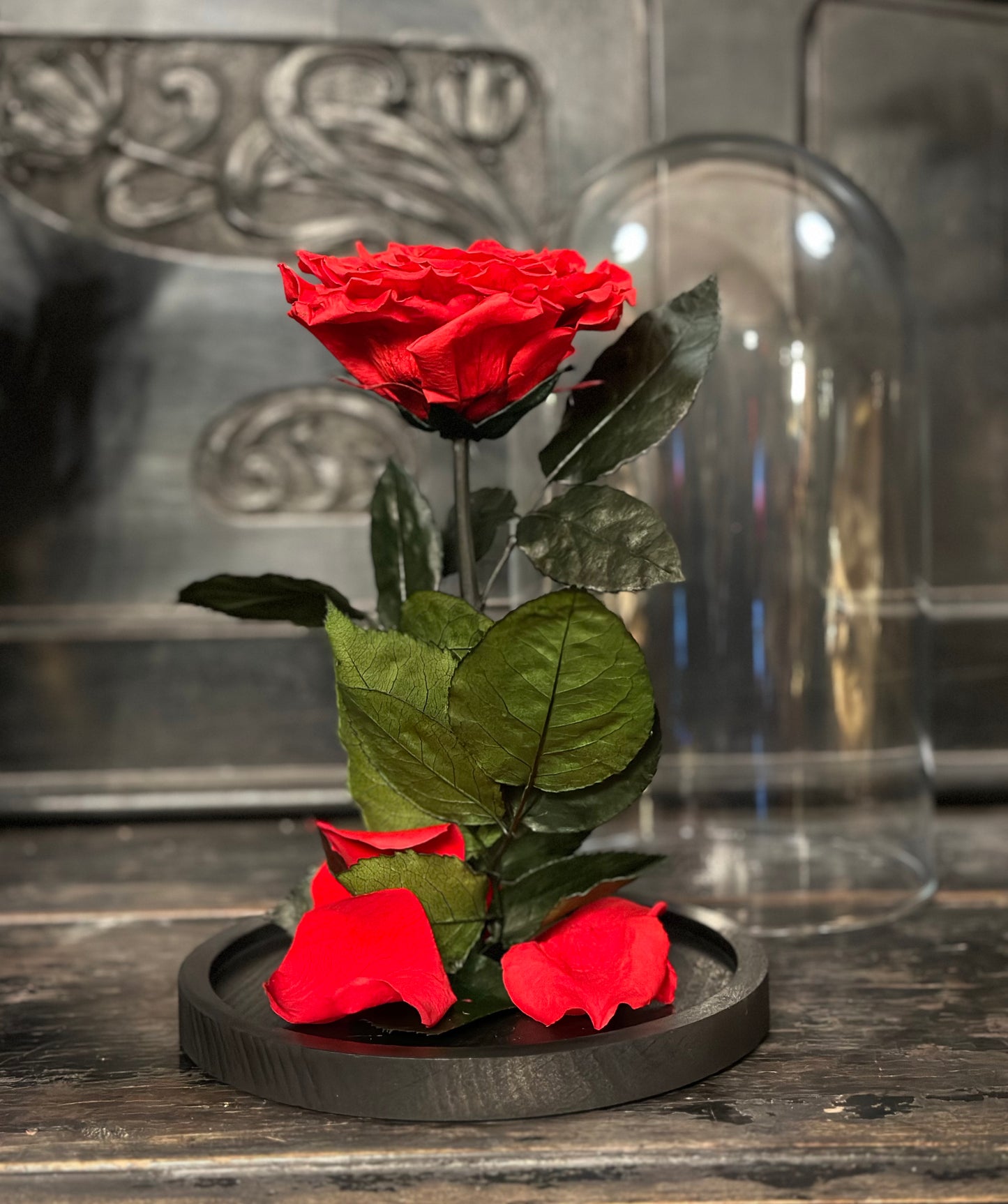 ROSA INCANTATA PROFUMATA H24/30 CON BASE IN LEGNO+PACKAGING ROSSA