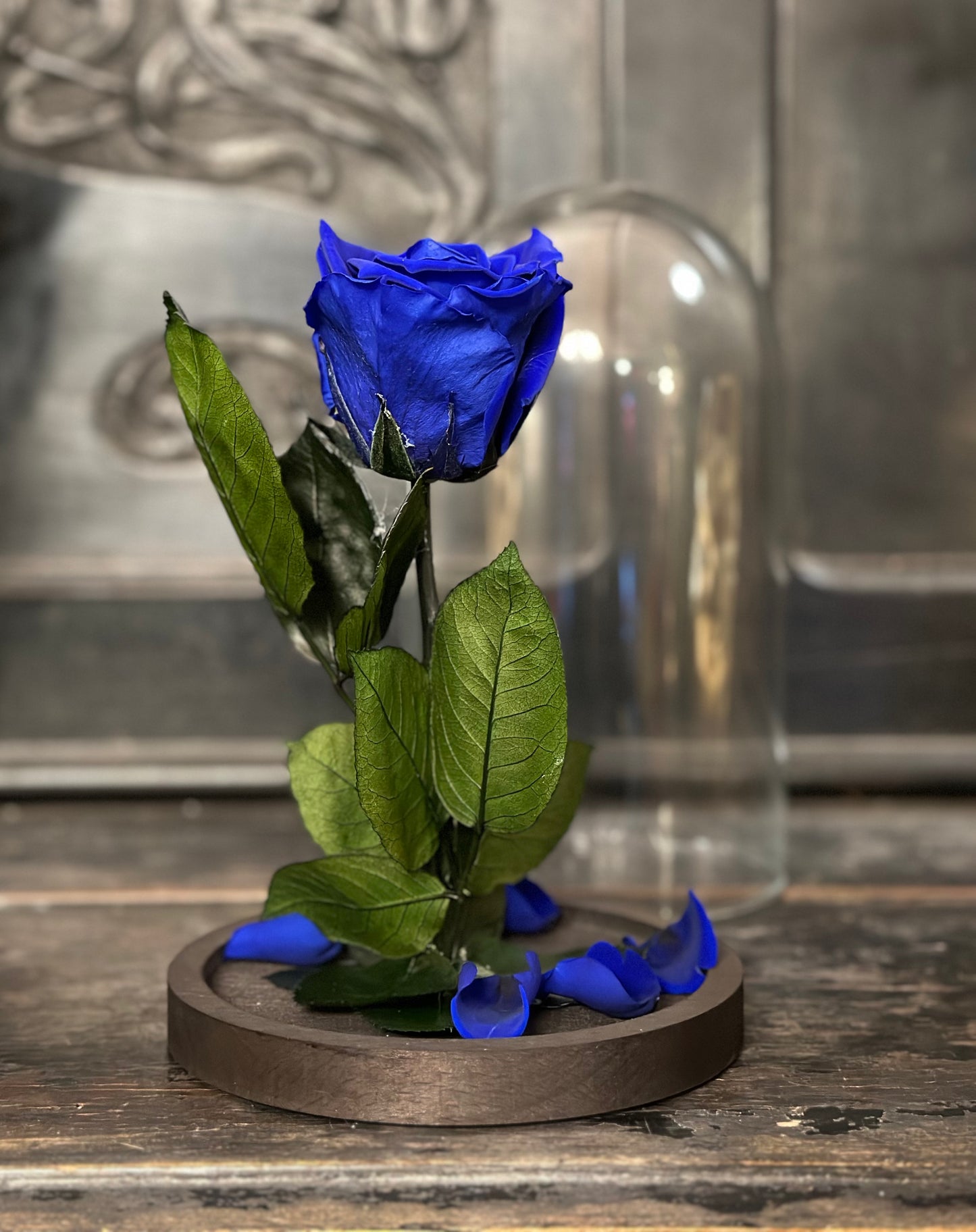 ROSA INCANTATA PROFUMATA H24CM BASE IN LEGNO + PACKAGING BLU